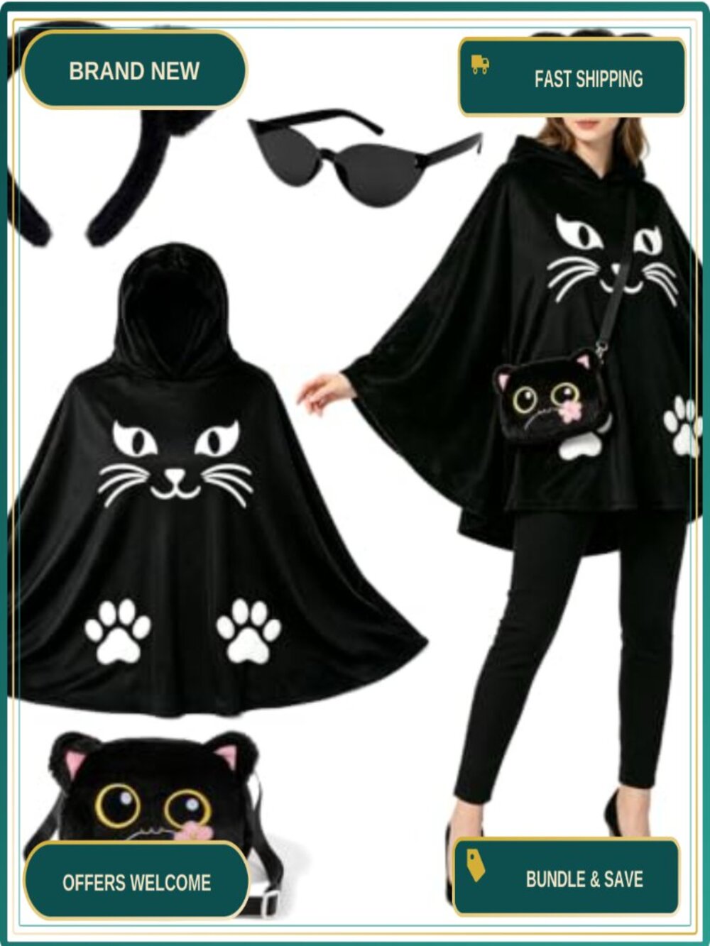 Cat Costume Set Cape Headband Bag Sunglasses Halloween Poncho